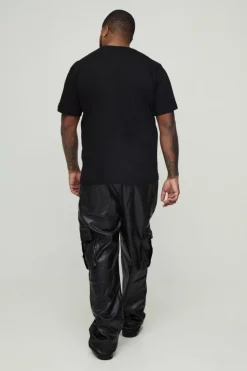 Clearance boohooMAN Plus PU Cargo Stacked Flared Trousers black