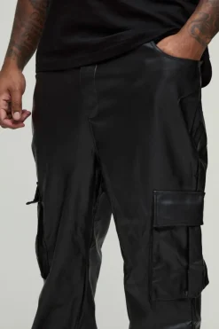 Clearance boohooMAN Plus PU Cargo Stacked Flared Trousers black