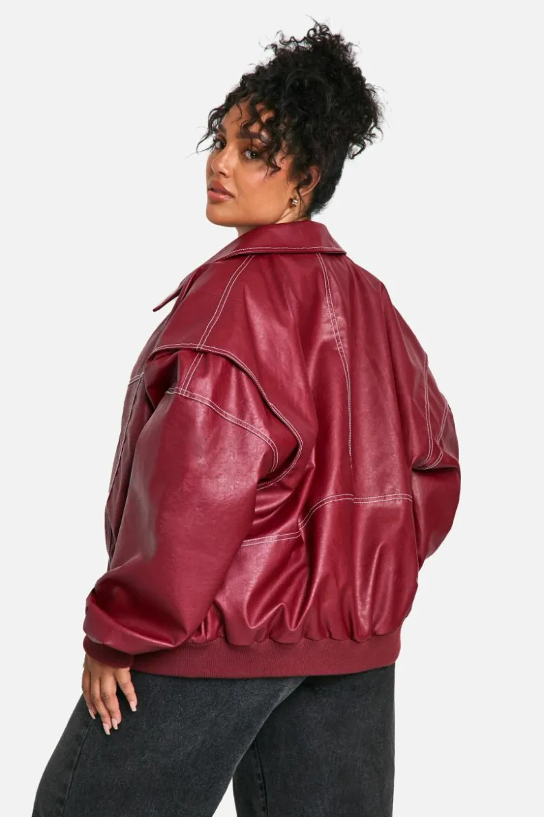 Cheap boohoo Plus Pu Contrast Stitch Oversized Bomber Jacket red