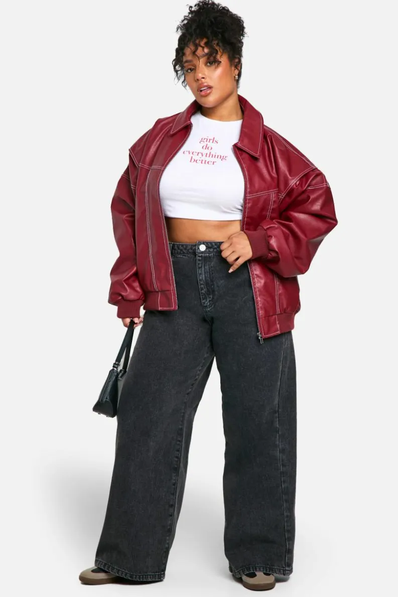 Cheap boohoo Plus Pu Contrast Stitch Oversized Bomber Jacket red