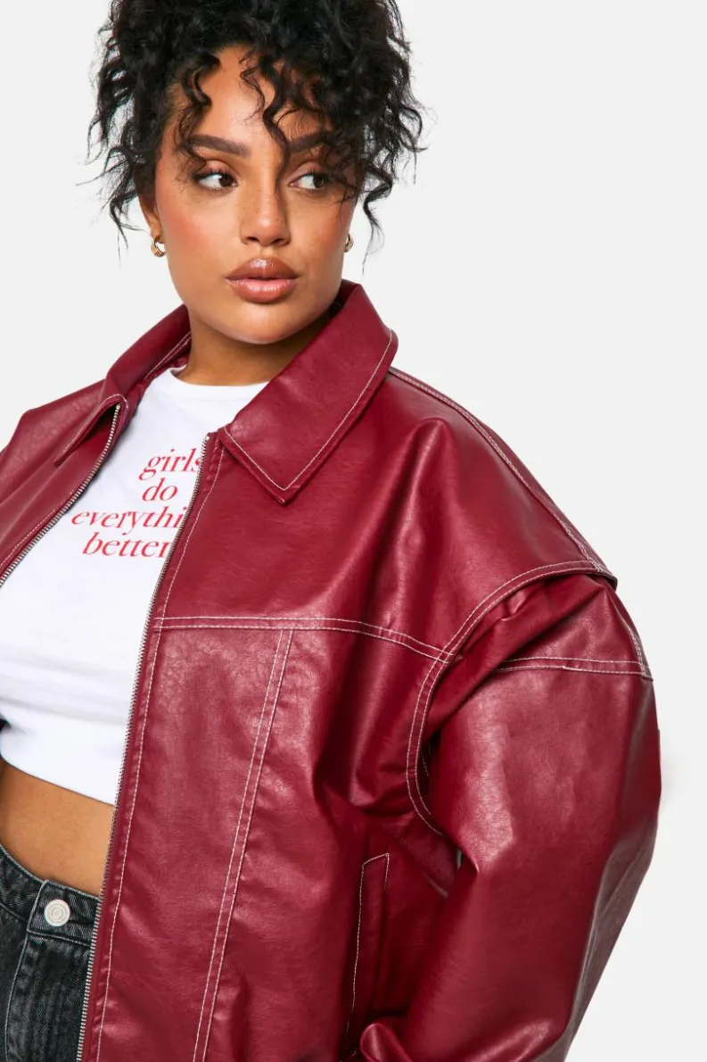 Cheap boohoo Plus Pu Contrast Stitch Oversized Bomber Jacket red