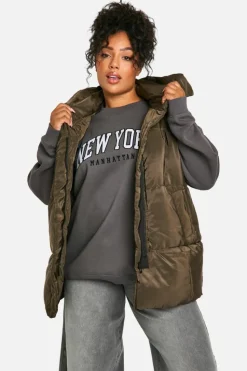 Fashion boohoo Plus Puffer Sleeveless Longline Gilet khaki