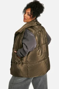 Fashion boohoo Plus Puffer Sleeveless Longline Gilet khaki