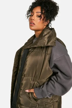Fashion boohoo Plus Puffer Sleeveless Longline Gilet khaki