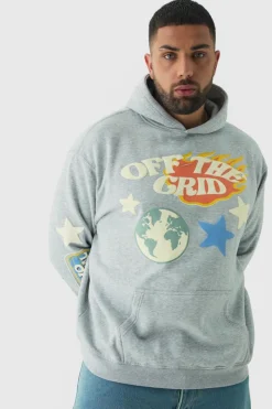 Clearance boohooMAN Plus Puff Print Off The Grid Overdyed Hoodie grey