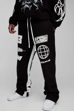 Discount boohooMAN Plus Puff Print Slim Flare Stacked Gusset Jogger black