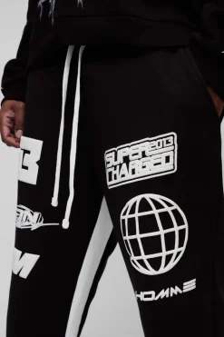 Discount boohooMAN Plus Puff Print Slim Flare Stacked Gusset Jogger black