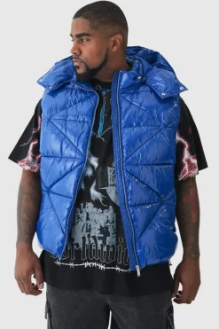 Best Sale boohooMAN Plus Quilted High Shine Vinyl Hooded Gilet In blue