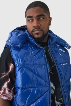 Best Sale boohooMAN Plus Quilted High Shine Vinyl Hooded Gilet In blue