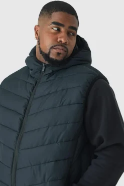 Outlet boohooMAN Plus Quilted Zip Through Hooded Gilet In black
