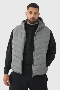 Best Sale boohooMAN Plus Quilted Zip Through Hooded Gilet In charcoal