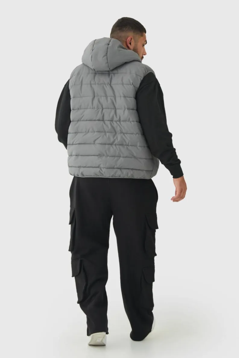 Best Sale boohooMAN Plus Quilted Zip Through Hooded Gilet In charcoal