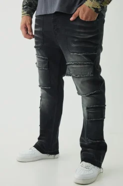 Fashion boohooMAN Plus Raw Seam Detail Stretch Skinny Cargo Flared Jeans washed black