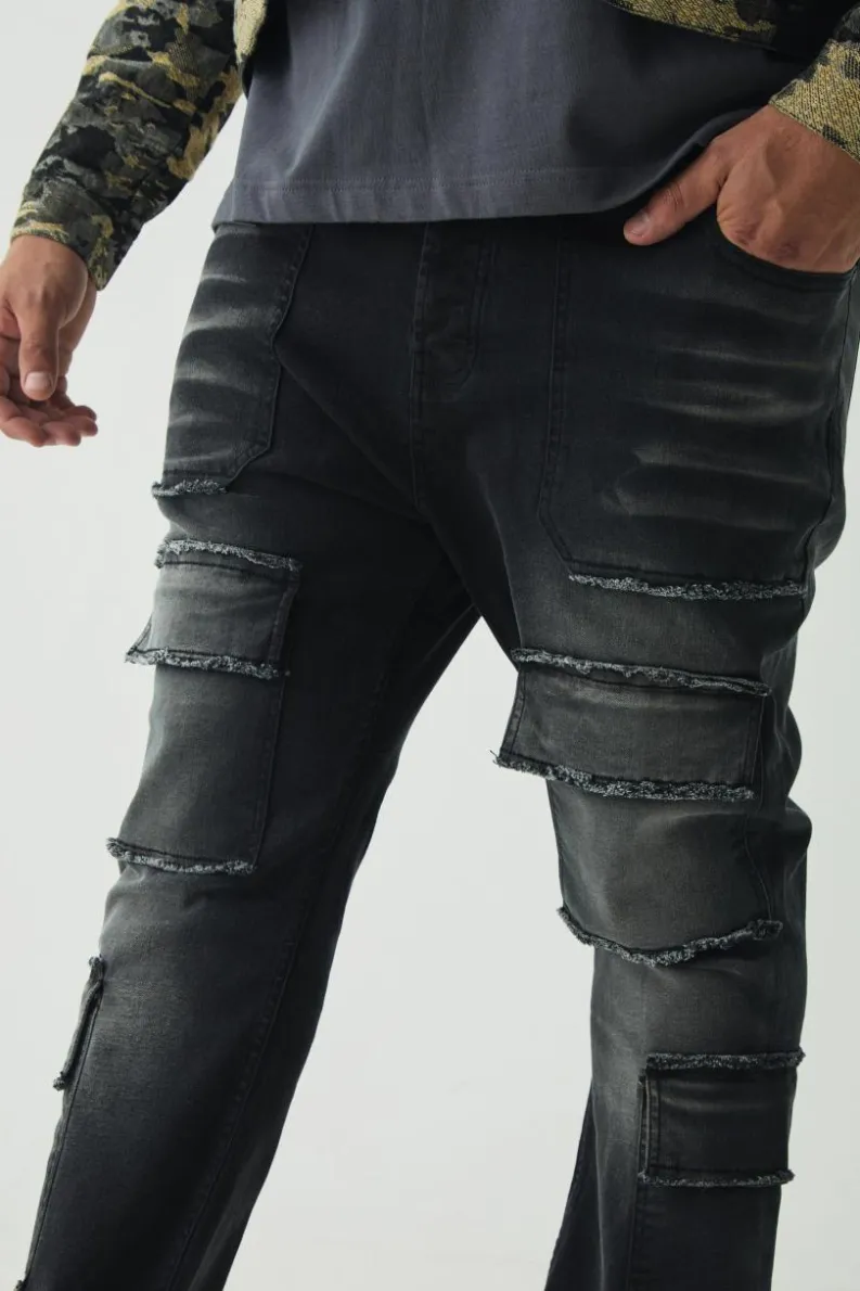 Fashion boohooMAN Plus Raw Seam Detail Stretch Skinny Cargo Flared Jeans washed black