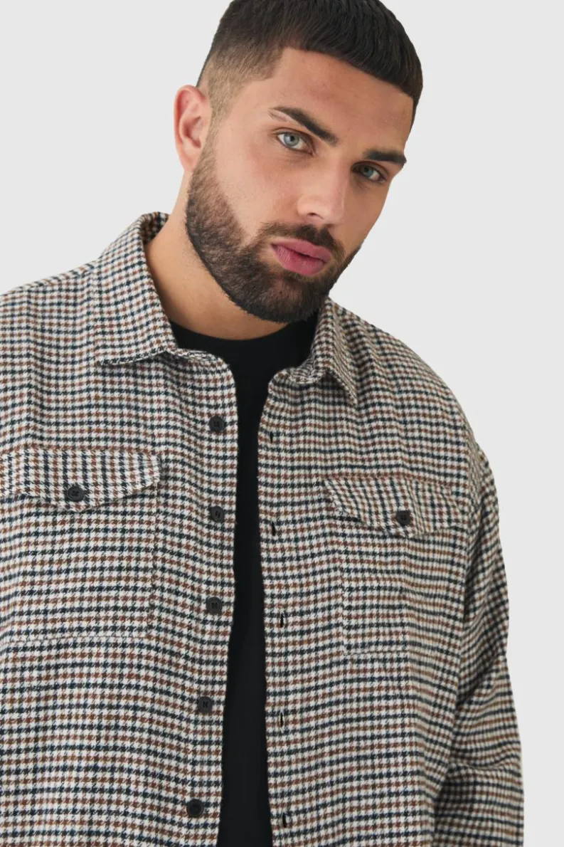 Best Sale boohooMAN Plus Regular Fit Micro Dogtooth Brushed Shirt stone