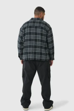 Cheap boohooMAN Plus Regular Fit Mono Brushed Checked Shirt black