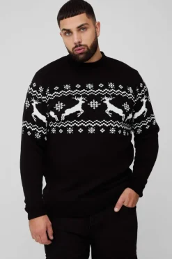 Flash Sale boohooMAN Plus Reindeer Fairisle Panel Christmas Jumper black