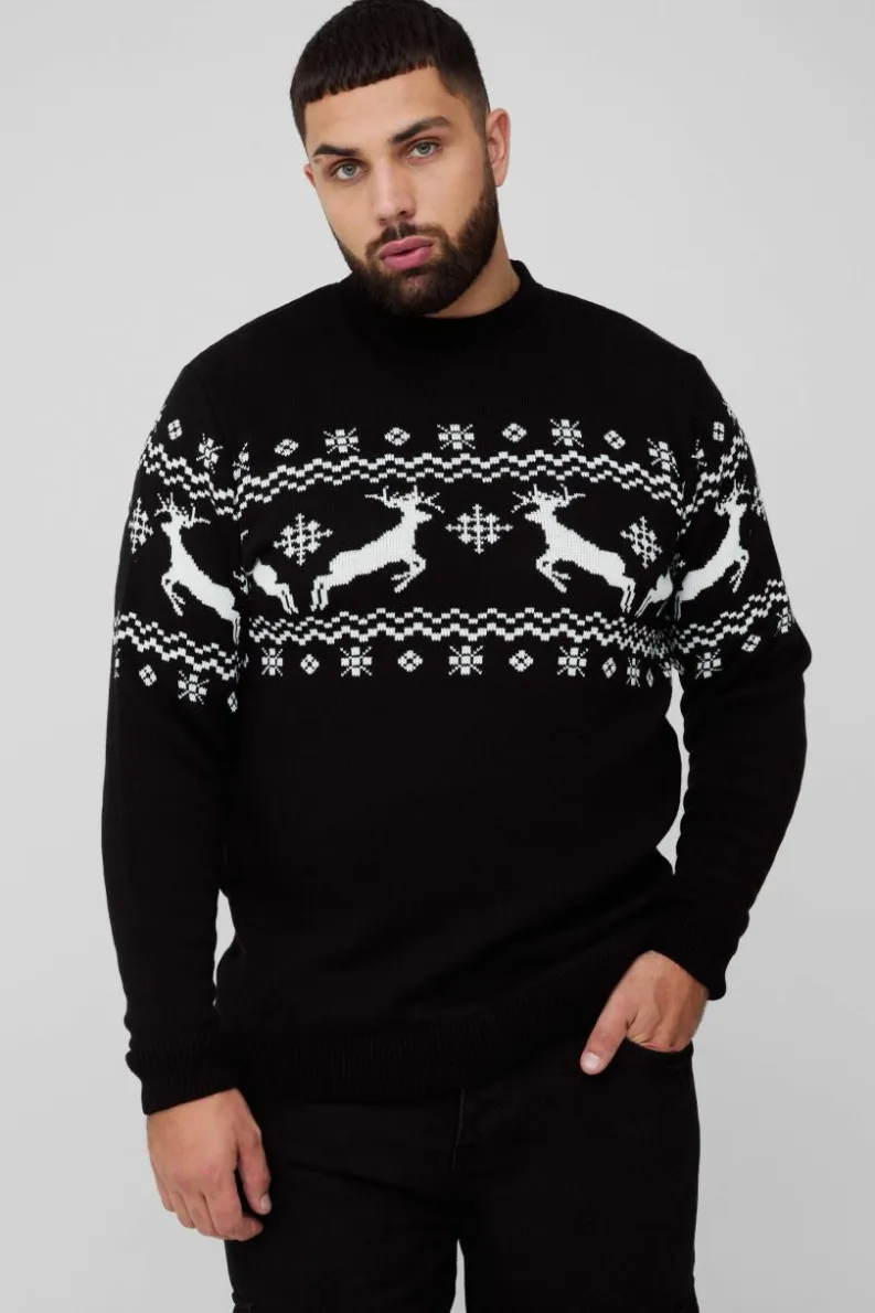 Flash Sale boohooMAN Plus Reindeer Fairisle Panel Christmas Jumper black