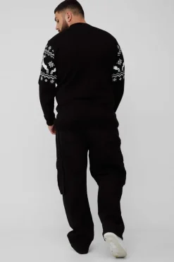 Flash Sale boohooMAN Plus Reindeer Fairisle Panel Christmas Jumper black