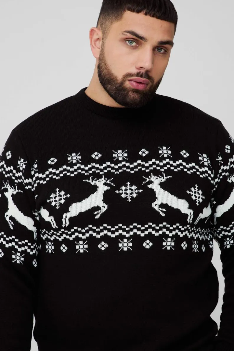 Flash Sale boohooMAN Plus Reindeer Fairisle Panel Christmas Jumper black