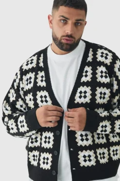 Store boohooMAN Plus Relaxed Fit Drop Shoulder Crochet Cardigan black