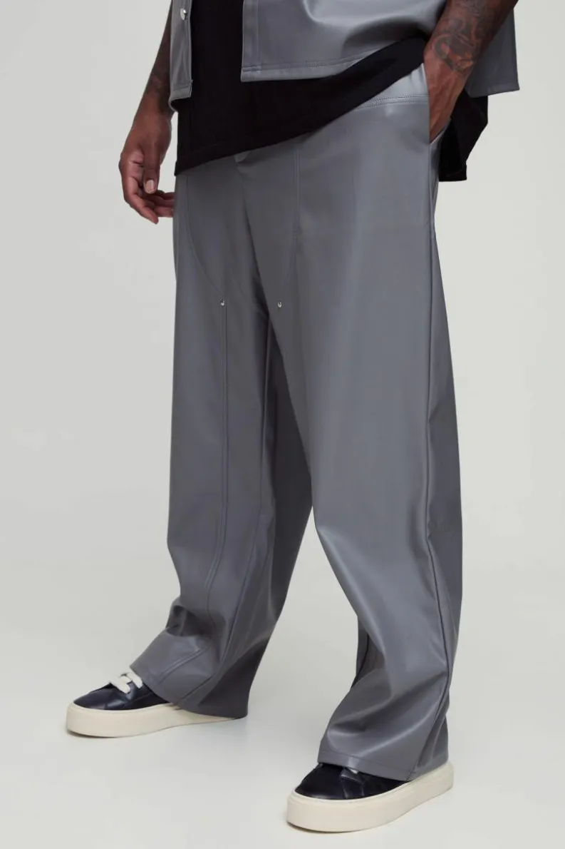 Cheap boohooMAN Plus Relaxed Fit Fixed Waistband PU Worker Panel Trousers grey