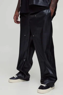 Clearance boohooMAN Plus Relaxed Fit Fixed Waistband PU Worker Panel Trousers black
