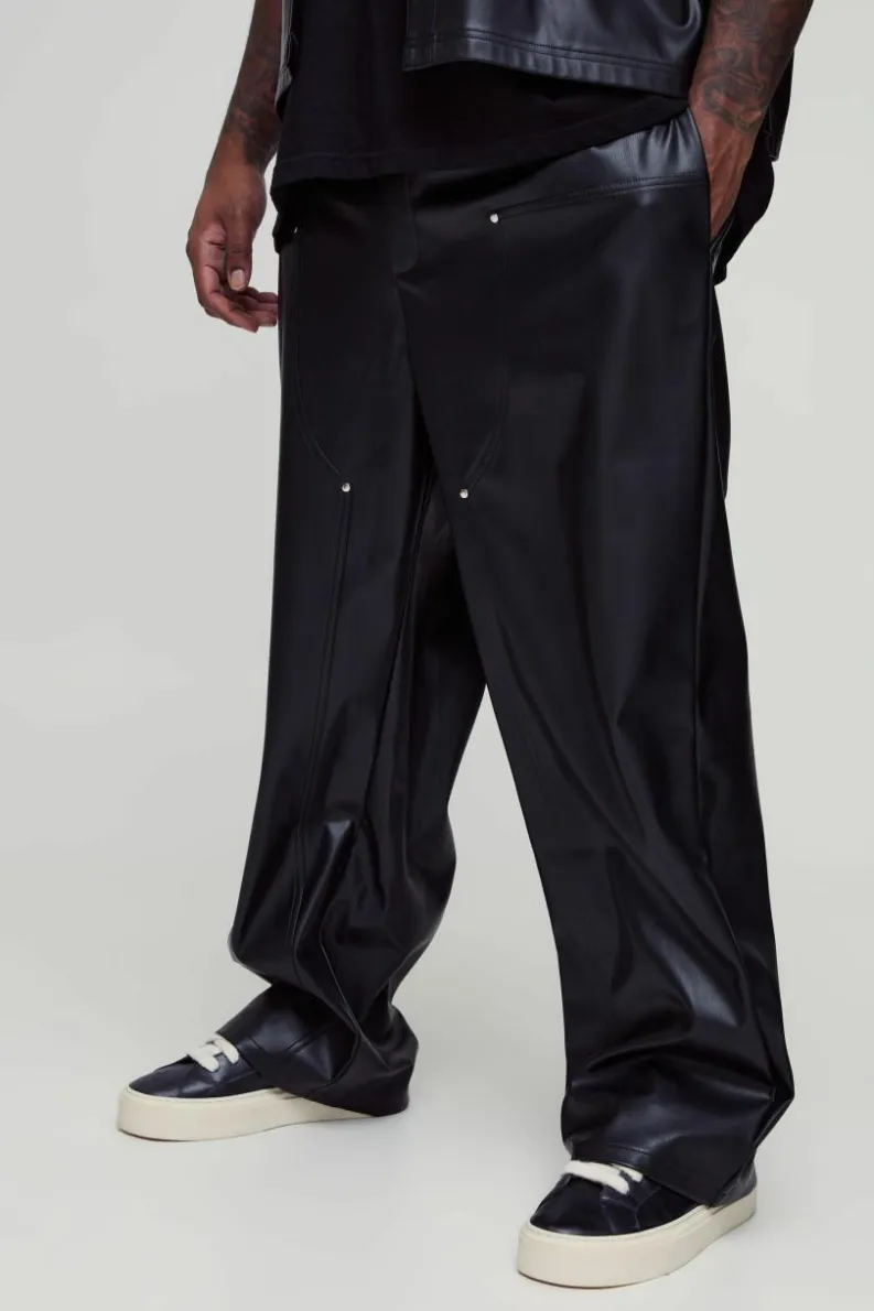 Clearance boohooMAN Plus Relaxed Fit Fixed Waistband PU Worker Panel Trousers black