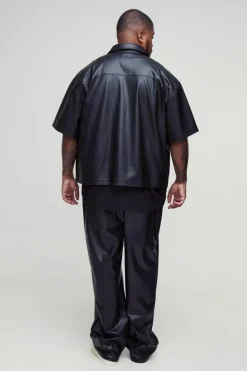 Clearance boohooMAN Plus Relaxed Fit Fixed Waistband PU Worker Panel Trousers black