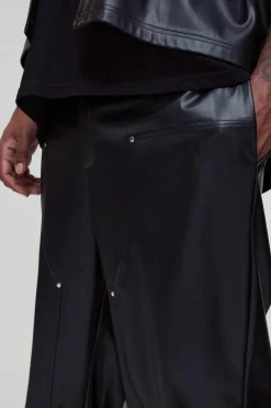 Clearance boohooMAN Plus Relaxed Fit Fixed Waistband PU Worker Panel Trousers black
