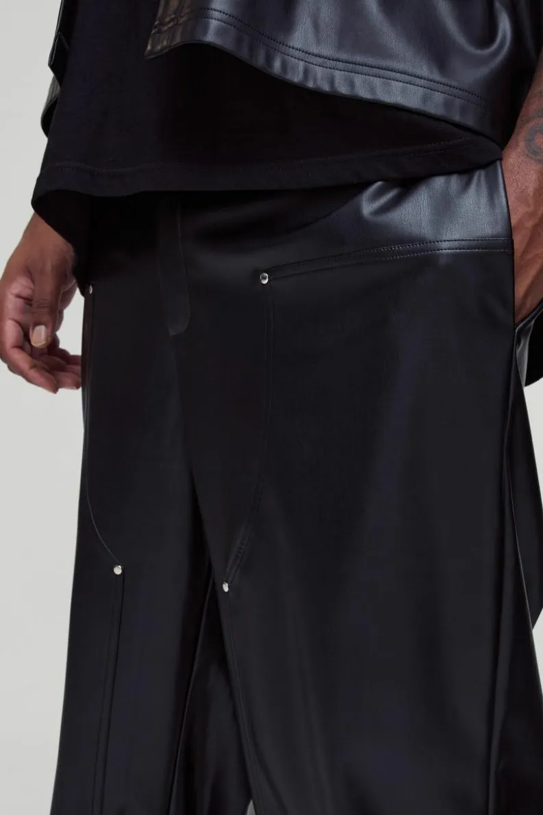 Clearance boohooMAN Plus Relaxed Fit Fixed Waistband PU Worker Panel Trousers black