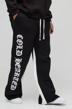 Hot boohooMAN Plus Relaxed Flare Cold Hearted Puff Print Gusset Jogger black