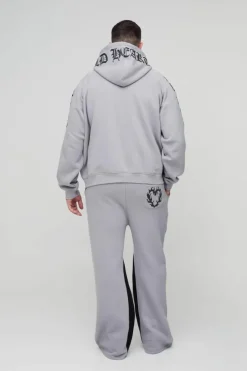 Discount boohooMAN Plus Relaxed Flare Cold Hearted Puff Print Gusset Jogger grey marl