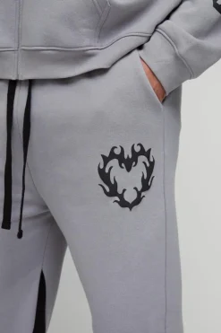 Discount boohooMAN Plus Relaxed Flare Cold Hearted Puff Print Gusset Jogger grey marl