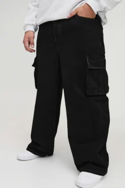 Cheap boohooMAN Plus Relaxed Rigid Cargo Jeans black