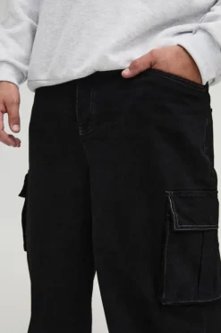 Cheap boohooMAN Plus Relaxed Rigid Cargo Jeans black