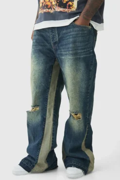 Discount boohooMAN Plus Relaxed Rigid Flare Knee Rip Jeans antique wash
