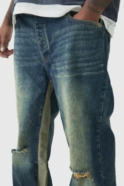Discount boohooMAN Plus Relaxed Rigid Flare Knee Rip Jeans antique wash
