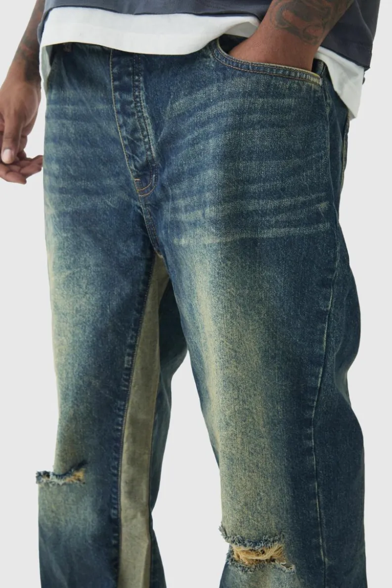 Discount boohooMAN Plus Relaxed Rigid Flare Knee Rip Jeans antique wash
