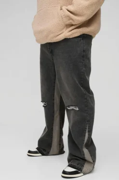 Outlet boohooMAN Plus Relaxed Rigid Flare Knee Rip Jeans stone