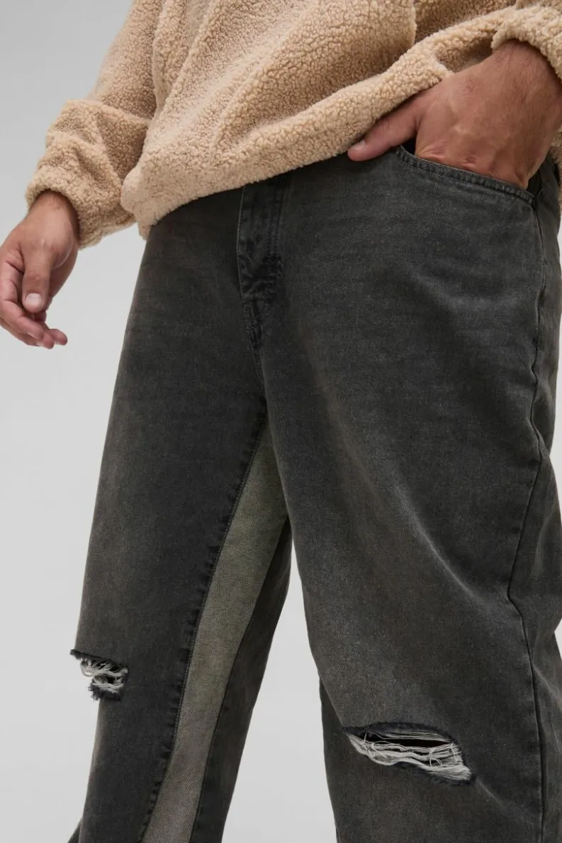 Outlet boohooMAN Plus Relaxed Rigid Flare Knee Rip Jeans stone