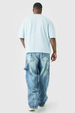 Discount boohooMAN Plus Relaxed Rigid Ripped Carpenter Cargo Jeans antique blue