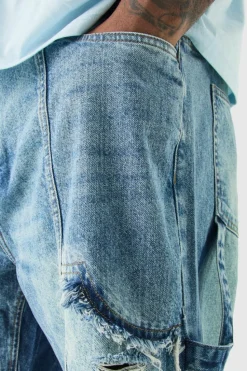 Discount boohooMAN Plus Relaxed Rigid Ripped Carpenter Cargo Jeans antique blue