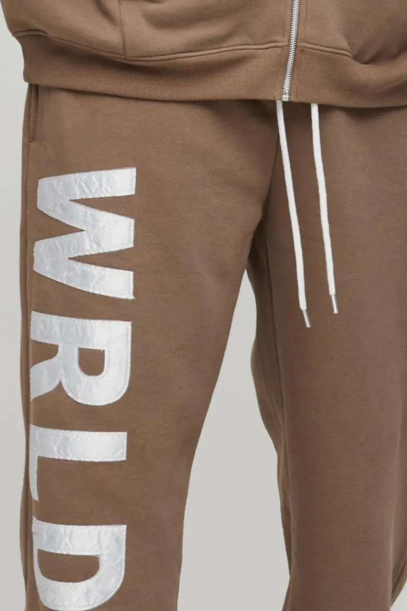 Cheap boohooMAN Plus Relaxed Satin Applique WRLDWD Jogger brown