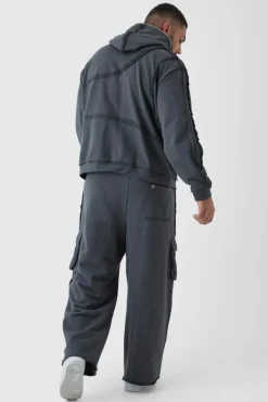 Cheap boohooMAN Plus Relaxed Wide Leg Eyelet Detail Cargo Jogger charcoal