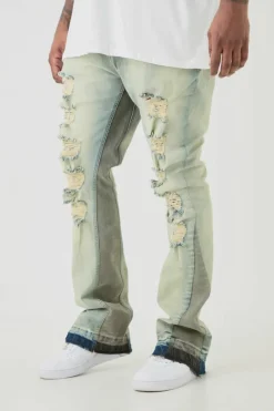 Hot boohooMAN Plus Ripped Gusset Detail Stretch Skinny Flared Jeans antique wash