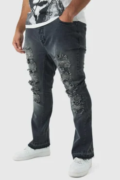 Best Sale boohooMAN Plus Ripped Gusset Detail Stretch Skinny Flared Jeans washed black