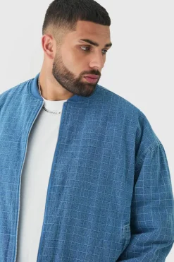Flash Sale boohooMAN Plus Ripstop Denim Oversized Padded Bomber Jacket mid wash