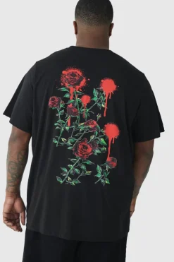Clearance boohooMAN Plus Rose Floral Back Print T-shirt black