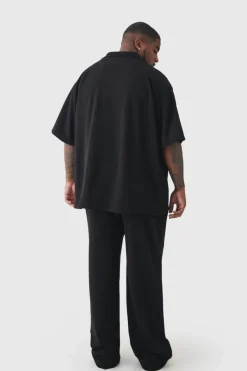 New boohooMAN Plus Scuba Twill Oversized Shirt & Trouser Set black